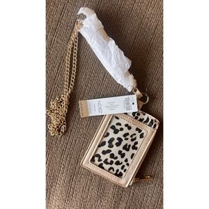Chicos Chain Leopard Lanyard ID Holder Gold Tone NWT String Wallet